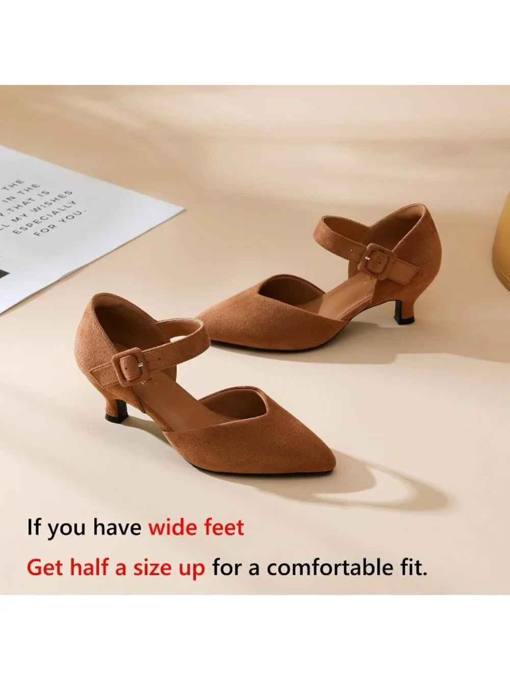 Womens Caramel Brown Kitten Heel Pointed Closed Ankle Strap Buckle Slip On Shoes